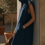 Indigo Washed Cotton Sleeveless Mini Dress
