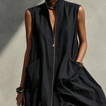 Black Zipper Sleeveless  Linen Blend Midi Dress