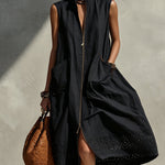 Black Zipper Sleeveless  Linen Blend Midi Dress