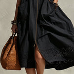 Black Zipper Sleeveless  Linen Blend Midi Dress