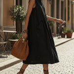 Black Zipper Sleeveless  Linen Blend Midi Dress