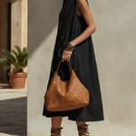 Black Zipper Sleeveless  Linen Blend Midi Dress