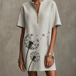 Gray Textured Short Sleeve Mini Dress with Dandelion Print and Zip Front
