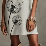 Gray Textured Short Sleeve Mini Dress with Dandelion Print and Zip Front