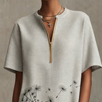 Gray Textured Short Sleeve Mini Dress with Dandelion Print and Zip Front