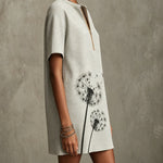 Gray Textured Short Sleeve Mini Dress with Dandelion Print and Zip Front
