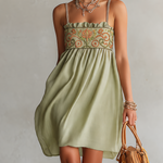 Light Green Embroidered Vintage Ruffle Spaghetti Strap Mini Dress