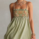Light Green Embroidered Vintage Ruffle Spaghetti Strap Mini Dress