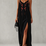 Black Cotton Linen Maxi Dress With Vintage Floral Embroidery