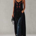 Black Cotton Linen Maxi Dress With Vintage Floral Embroidery