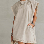 Light Gray Lace Trim Washed Cotton Patchwork Mini Dress