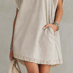 Light Gray Lace Trim Washed Cotton Patchwork Mini Dress