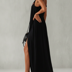 Black Cotton Linen Maxi Dress With Vintage Floral Embroidery
