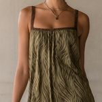 Olive Green Zebra Print Mini Dress With Woven Trim And Ruffled Hem