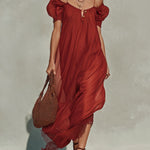 Red Chiffon Maxi Dress With Gold Buttons