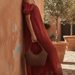 Red Chiffon Maxi Dress With Gold Buttons