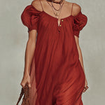 Red Chiffon Maxi Dress With Gold Buttons