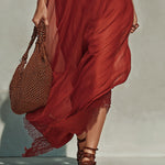 Red Chiffon Maxi Dress With Gold Buttons