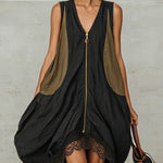 Black Linen Blend Colorblock Mini Dress