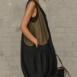 Black Linen Blend Colorblock Mini Dress