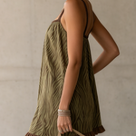 Olive Green Zebra Print Mini Dress With Woven Trim And Ruffled Hem