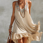 Beige Cotton Linen Embroidered Mini Dress