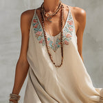 Beige Cotton Linen Embroidered Mini Dress