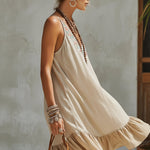 Beige Cotton Linen Embroidered Mini Dress