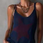 Navy Blue Knit Tank Top With Red Star Pattern And Fringe Hem