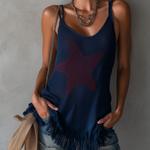 Navy Blue Knit Tank Top With Red Star Pattern And Fringe Hem