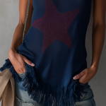 Navy Blue Knit Tank Top With Red Star Pattern And Fringe Hem