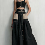 Black Contrast Patch Pocket Button-Up Crop Top & Maxi Skirt Set