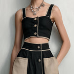 Black Contrast Patch Pocket Button-Up Crop Top & Maxi Skirt Set