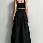 Black Contrast Patch Pocket Button-Up Crop Top & Maxi Skirt Set