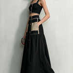 Black Contrast Patch Pocket Button-Up Crop Top & Maxi Skirt Set