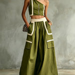 Olive Green One-Shoulder Zip Front Crop Top & Wide-Leg Pocket Pants Set