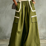 Olive Green One-Shoulder Zip Front Crop Top & Wide-Leg Pocket Pants Set