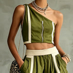 Olive Green One-Shoulder Zip Front Crop Top & Wide-Leg Pocket Pants Set