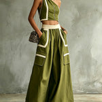 Olive Green One-Shoulder Zip Front Crop Top & Wide-Leg Pocket Pants Set