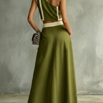 Olive Green One-Shoulder Zip Front Crop Top & Wide-Leg Pocket Pants Set
