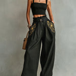 Black Smocked Crop Top & Wide-Leg Belted Pants Set With Embroidered Pockets
