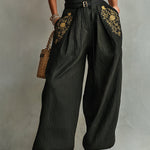 Black Smocked Crop Top & Wide-Leg Belted Pants Set With Embroidered Pockets