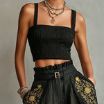 Black Smocked Crop Top & Wide-Leg Belted Pants Set With Embroidered Pockets