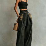 Black Smocked Crop Top & Wide-Leg Belted Pants Set With Embroidered Pockets