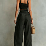 Black Smocked Crop Top & Wide-Leg Belted Pants Set With Embroidered Pockets