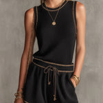 Black Ribbed Knit Sleeveless Top & Drawstring Shorts Set