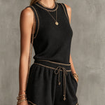 Black Ribbed Knit Sleeveless Top & Drawstring Shorts Set