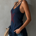 Navy Blue Knit Tank Top With Red Star Pattern And Fringe Hem