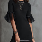 Black Knit Mini Dress With Sheer Ruffle Sleeves