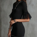 Black Knit Mini Dress With Sheer Ruffle Sleeves